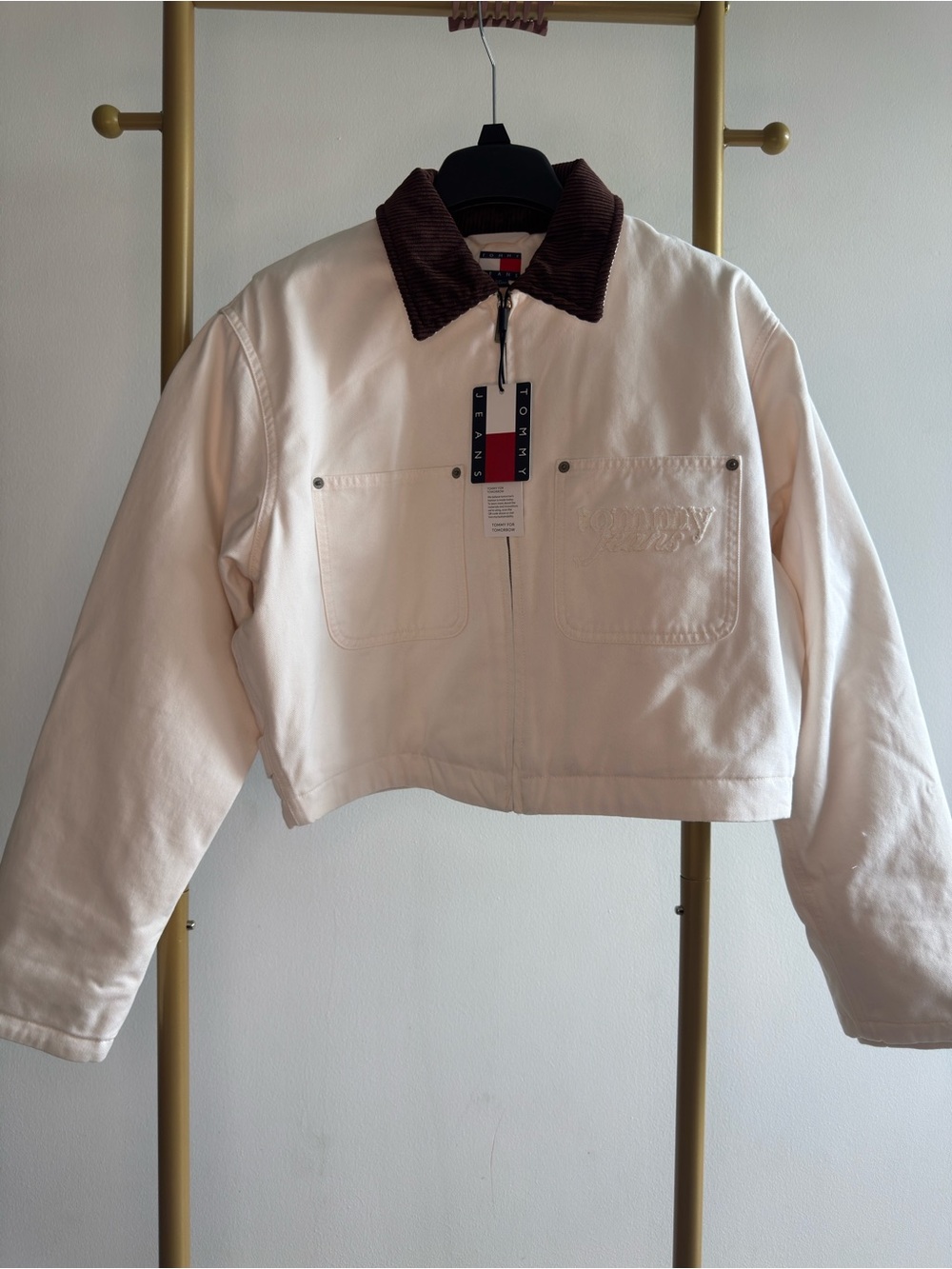 Tommy Hilfiger Cream Cropped Jean Jacket with Brown Corduroy Collar